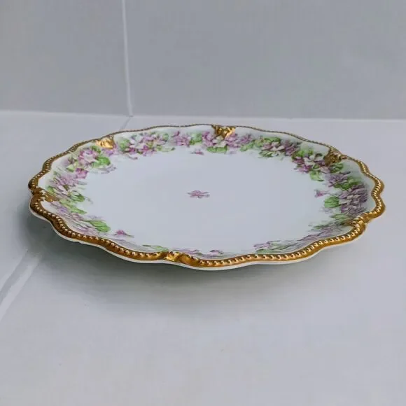 Antique A.Lanternier Limoges Porcelain Plate-Violets-Moriage Trim-Handpainted